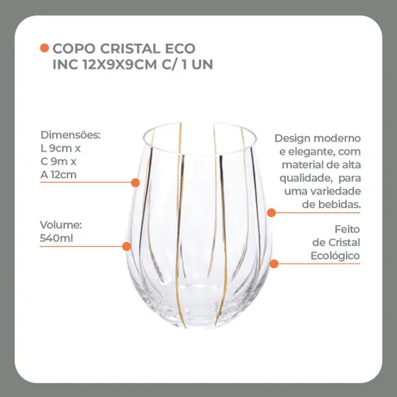 copo baixo de cristal ecologico incolor com detalhe em dourado 540ml 12x9x9cm 1un cromus 1